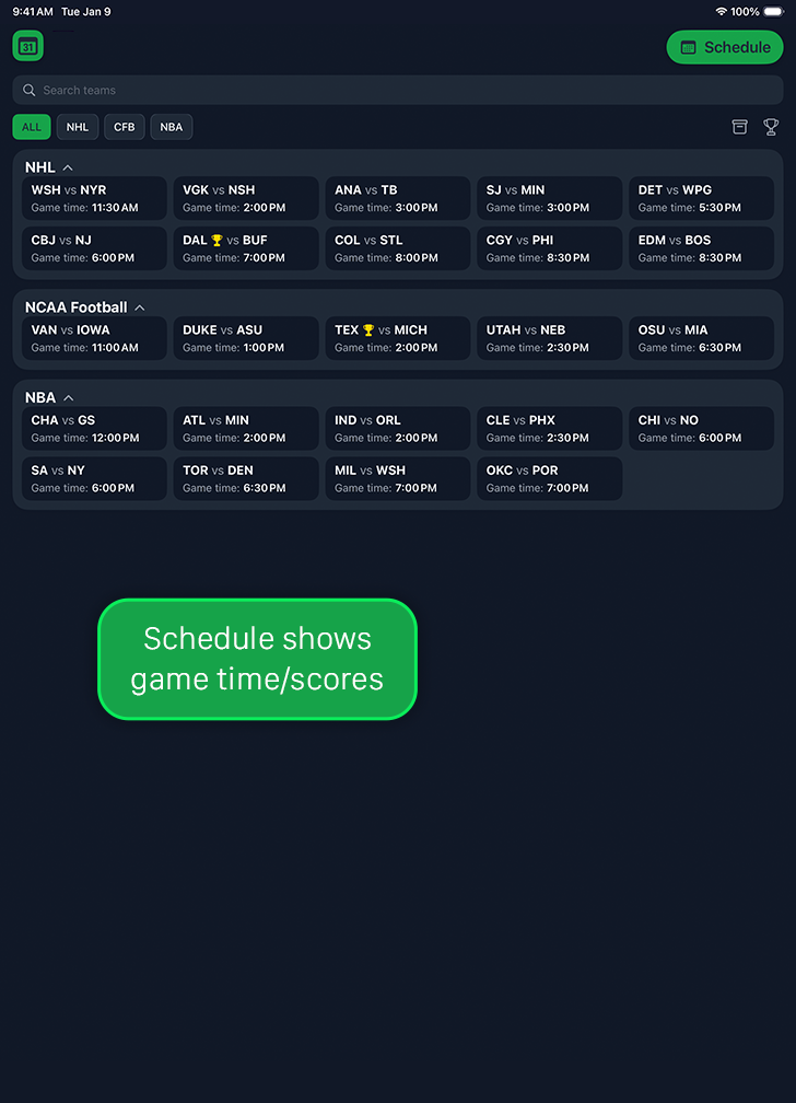 FanStatFit iPad Schedule